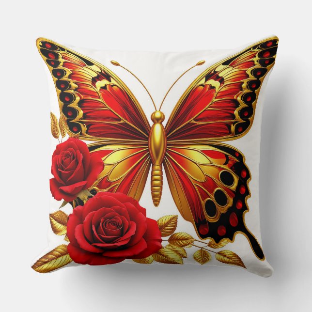Coussin Papillon doré avec roses rouges et feuilles dorées (Recto)