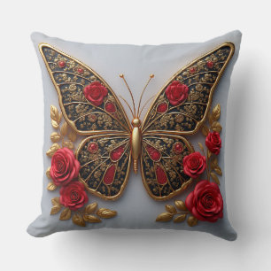 Coussin Papillon doré avec roses rouges et feuilles dorées