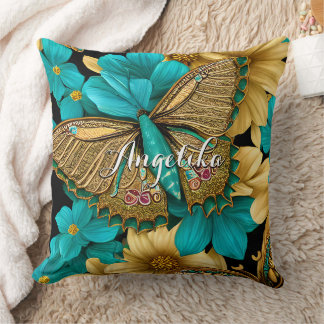 Coussin Papillon doré Fleurs de Teal Nom personnalisé