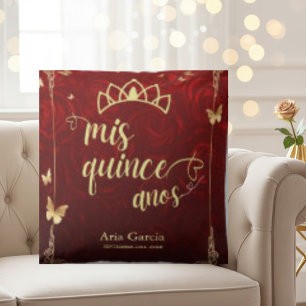 Coussin Papillon Doré Roses Rouges Floral Quinceañera