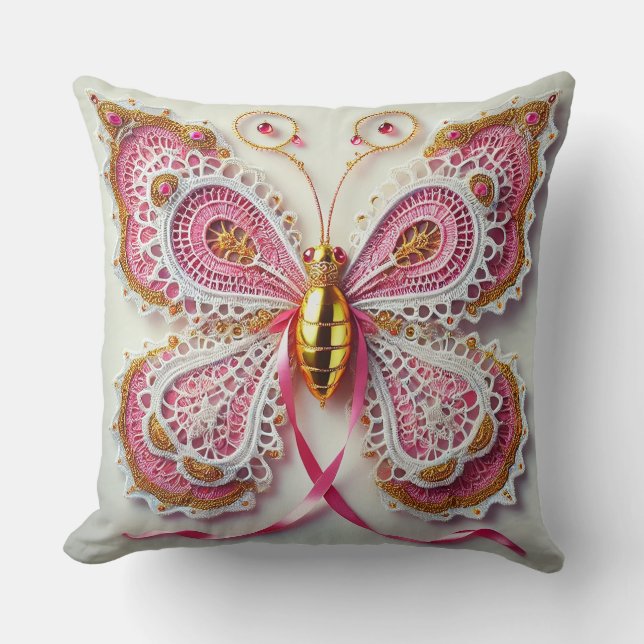 Coussin Papillon en dentelle complexe avec rose et or (Recto)