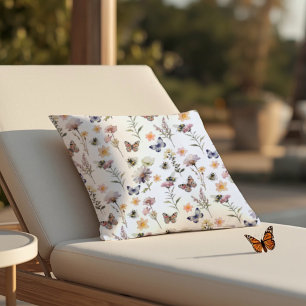 Coussin Papillon et abeille de fleur sauvage aquarelle vio