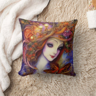 Coussin Papillon Et Déesse De Jardin En Aquarelle Blues