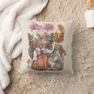 Coussin Papillon Fantaisiste Lapin Conte de Fées Aquarelle