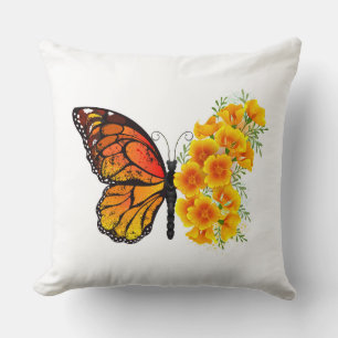 Coussin Papillon fleur avec pavot de Californie jaune