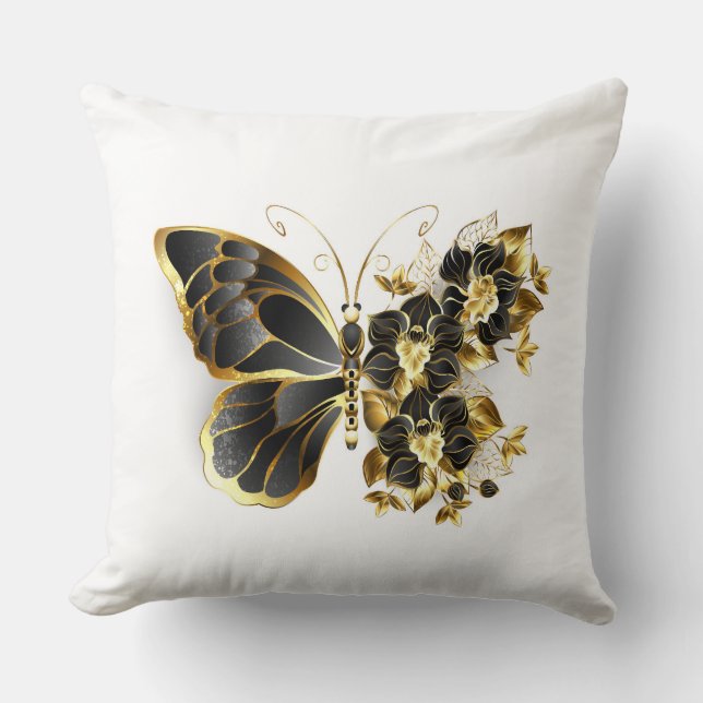 Coussin Papillon fleur d'or avec orchidée noire (Recto)