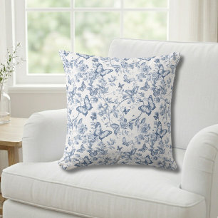 Coussin Papillon floral aquarelle toile française bleue