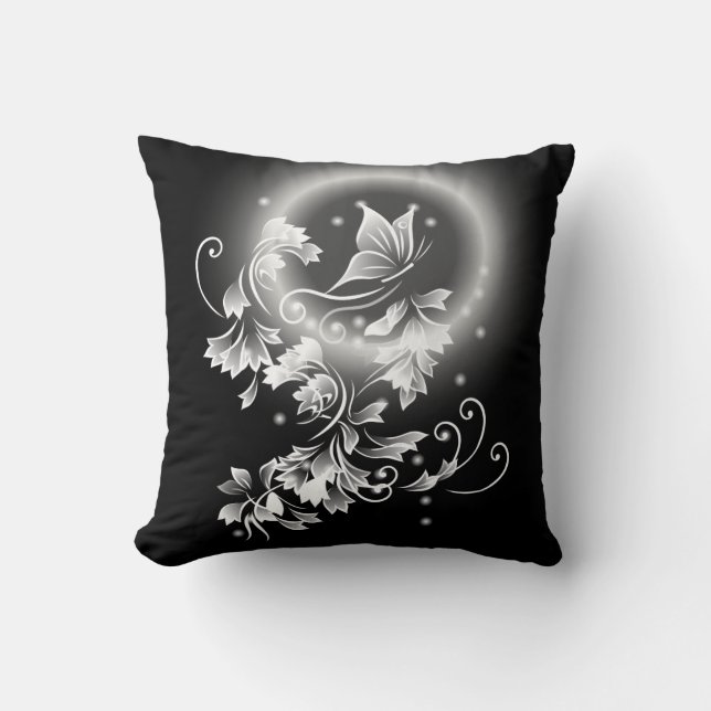 Coussin Papillon floral Imaginaire noir et blanc (Recto)
