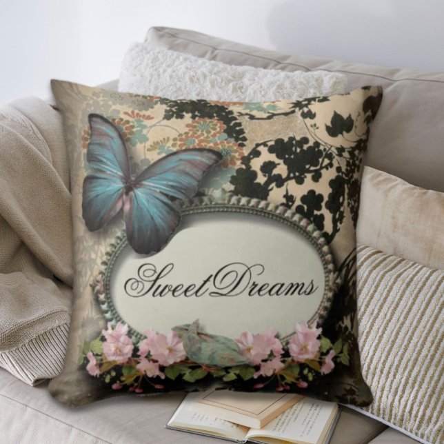 Coussin papillon français à fleurs victoriennes (Paris victorian floral french butterfly throw pillow)