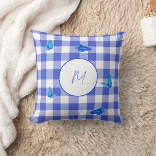 Coussin Papillon Gingham Navy Élégant Monogramme