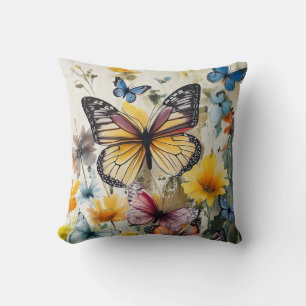 Coussin Papillon jaune et fleurs