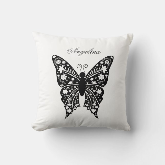 Coussin Papillon moderne noir et blanc avec nom (Recto)