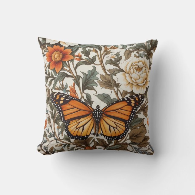 Coussin Papillon Monarque Élégant Inspiré de William Morri (Recto)