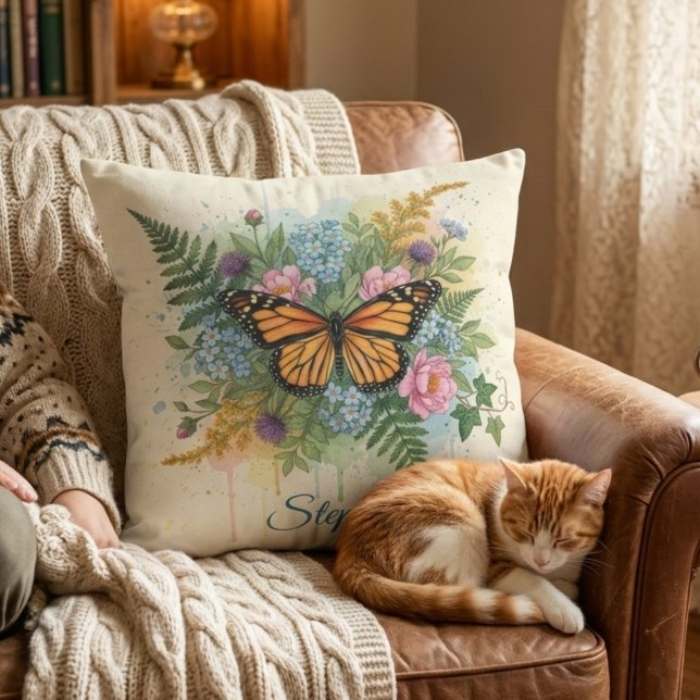 Coussin Papillon Monarque Floral Aquarelle (Botanical monarch butterfly decorative pillow)
