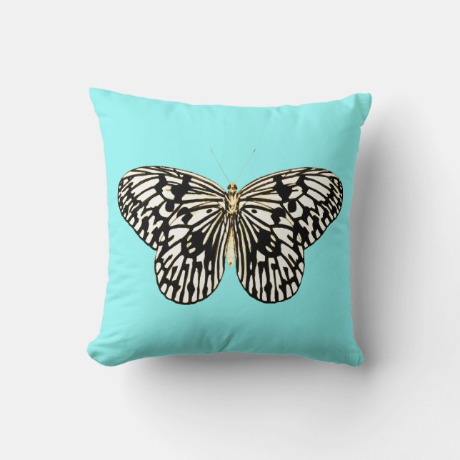 Coussin Papillon noir et blanc, arrière - plan turquoise (Recto)