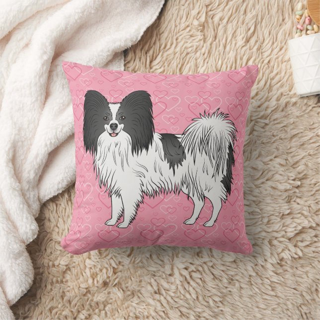 Coussin Papillon noir et blanc mignon chien sur coeur rose (Couverture)