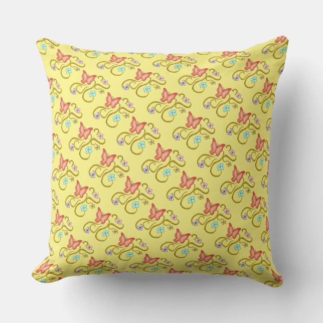 Coussin Papillon orange avec fleurs de printemps Carré Cou (Recto)
