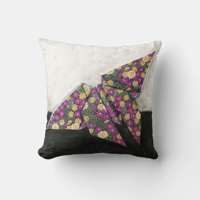 Coussin Papillon Origami sur papier floral (Recto)