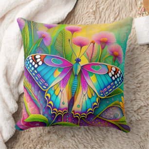 Coussin Papillon Psychédélique Coloré et Fleurs Sauvages 