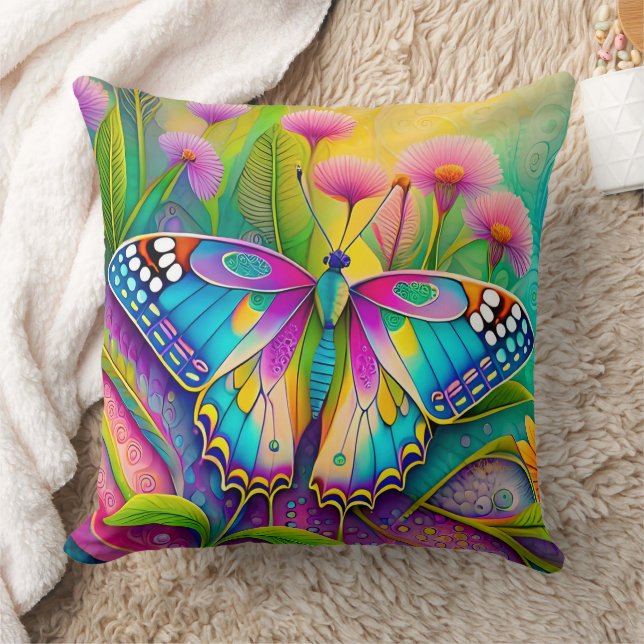 Coussin Papillon Psychédélique Coloré et Fleurs Sauvages  (Couverture)