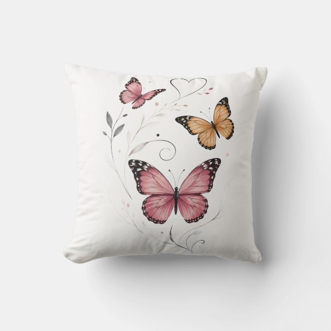 Coussin Papillon rose botanique à l'aquarelle (Recto)