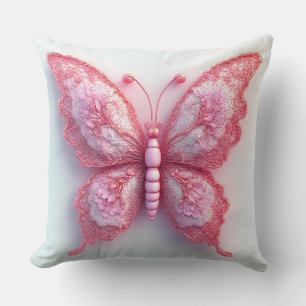 Coussin Papillon Rose Élégant Avec Ailes en Dentelle Intri