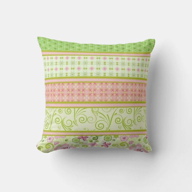 Coussin Papillon rose et vert floral (Recto)