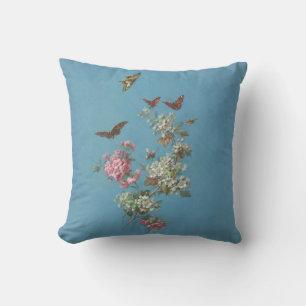 Coussin Papillon rose vintage en fleurs blanches sur bleu