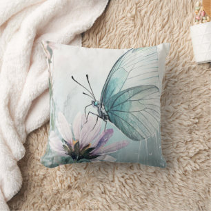 Coussin Papillon sarcelle menthe Fleur pastel doux