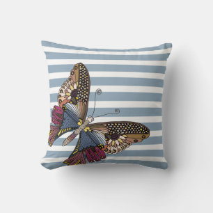 Coussin Papillon sur bandes Bleues et Blanches