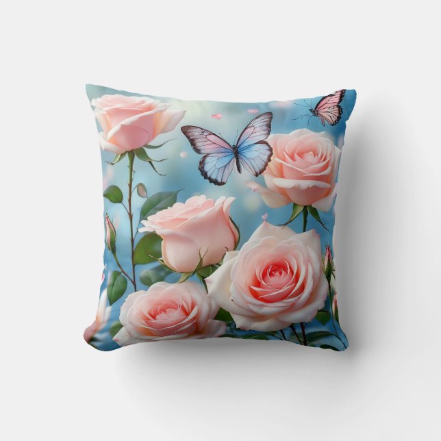 Coussin Papillon Sur Fleur Rose (Recto)