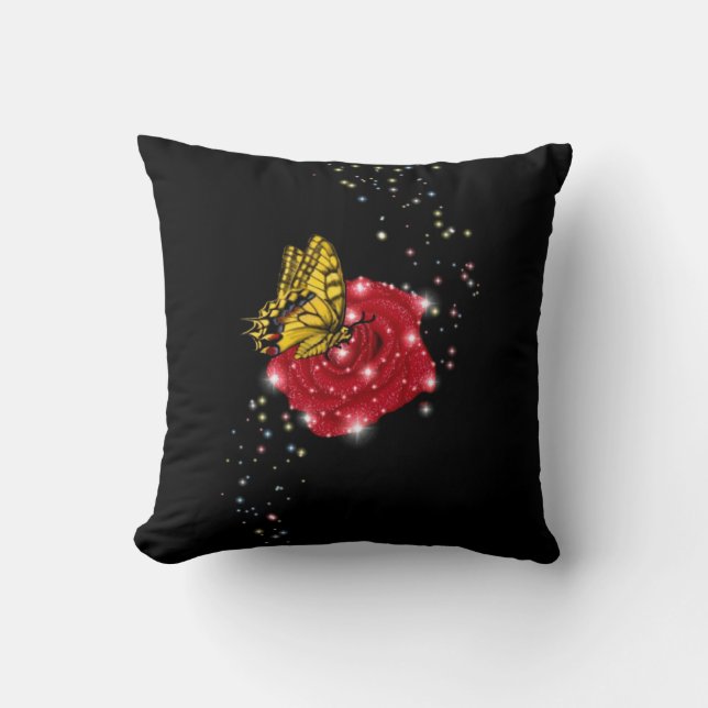 Coussin Papillon sur rose rouge avec étoiles et gouttes de (Recto)