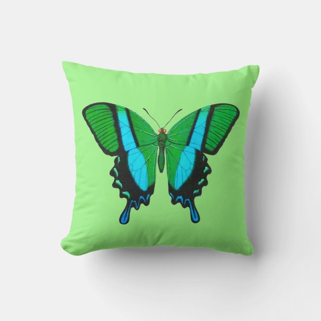 Coussin Papillon Swallowtail en vert, turquoise et noir (Recto)