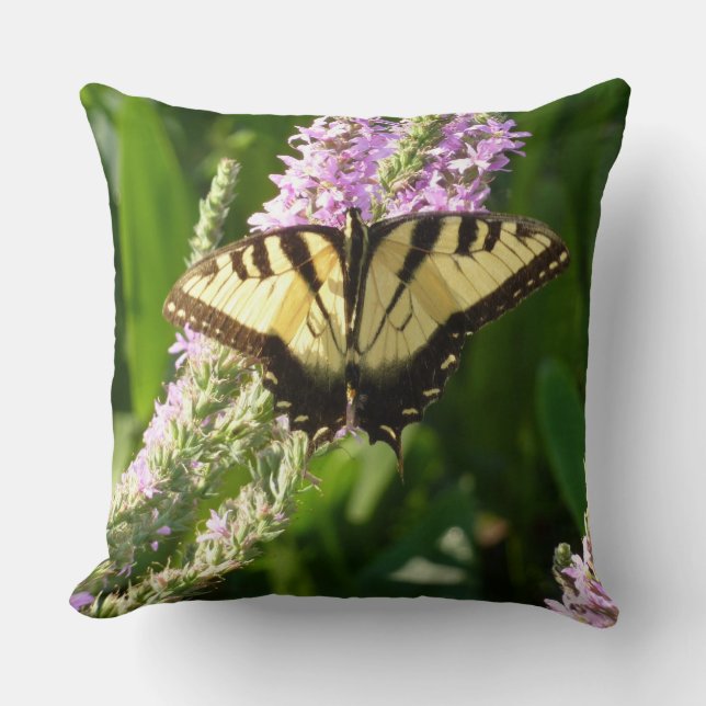 Coussin Papillon Swallowtail sur Fleurs sauvages pourpres (Recto)