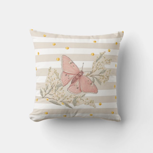 Coussin Papillon vintage blanc doré rose (Recto)