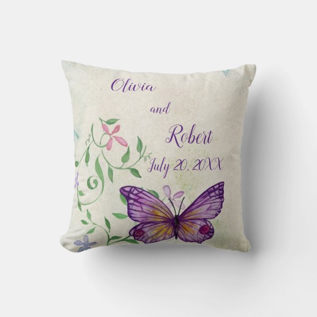 Coussin Papillon violet à aquarelle personnalisé (Recto)