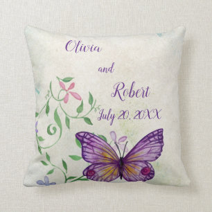 Coussin Papillon violet à aquarelle personnalisé