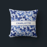 Coussin Papillons Aquarelle Bleu Personnalisé<br><div class="desc">Peinture à papillon bleu et blanc Indigo. Art original de Nic Squirrell. Modifiez le nom pour customiser.</div>