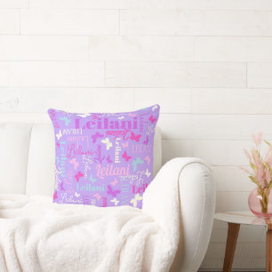 Coussin Papillons arc-en-ciel nom personnalisé violet Leil