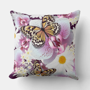 Coussin Papillons Aux Fleurs Blanches Et Violettes