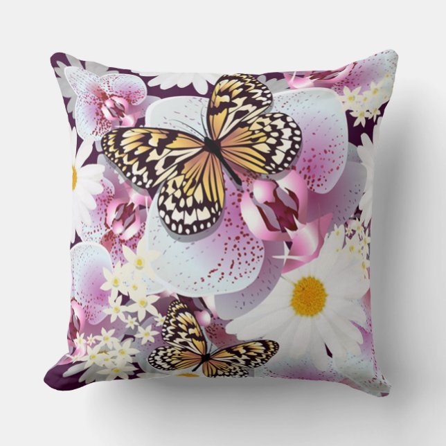 Coussin Papillons Aux Fleurs Blanches Et Violettes (Recto)