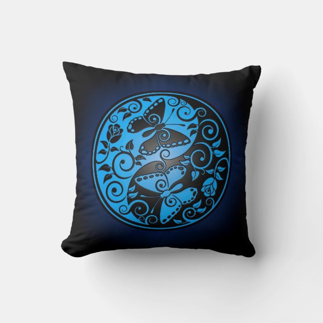 Coussin Papillons, bleu et noir de Yin Yang (Recto)