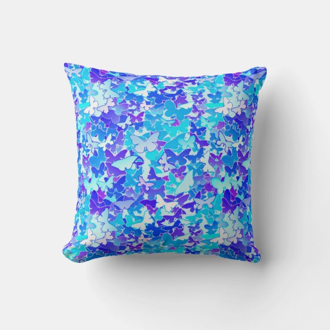 Coussin Papillons, bleu, turquoise, lavande (Recto)