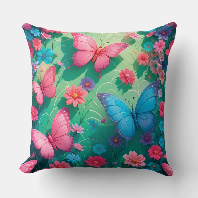 Coussin Papillons Colorés dans une Fleur Vibrante (Recto)