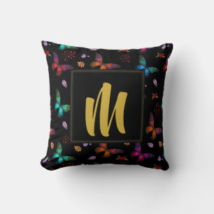 Coussin Papillons colorés Motif sur Monogramme noir