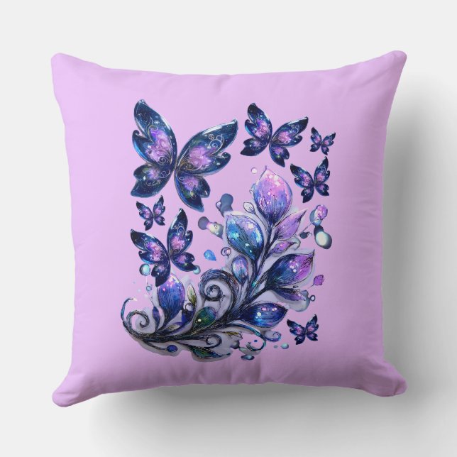 Coussin Papillons de scintillement cosmique rose (Verso)