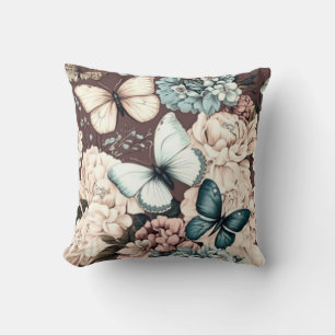 Coussin Papillons et fleurs brunes
