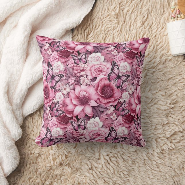 Coussin Papillons et fleurs dans des nuances variées de ro (Couverture)