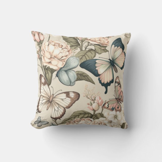 Coussin Papillons et fleurs pastel (Recto)