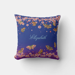 Coussin Papillons et fleurs Sakura Bleu Personnalisé